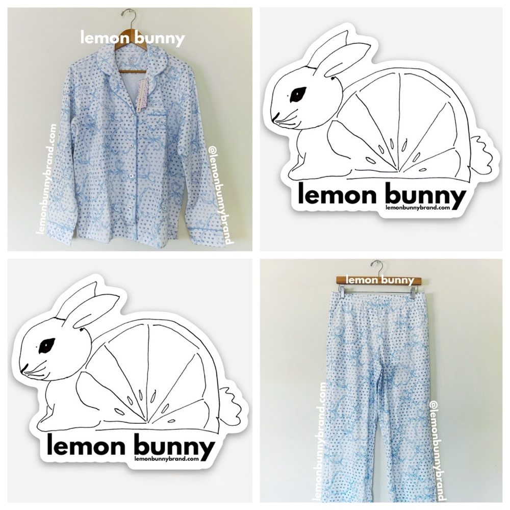 Roller Rabbit x LoveShackFancy Luna Bow Hearts Long Sleeve Polo Pajamas PaleBlue - Picture 15 of 15